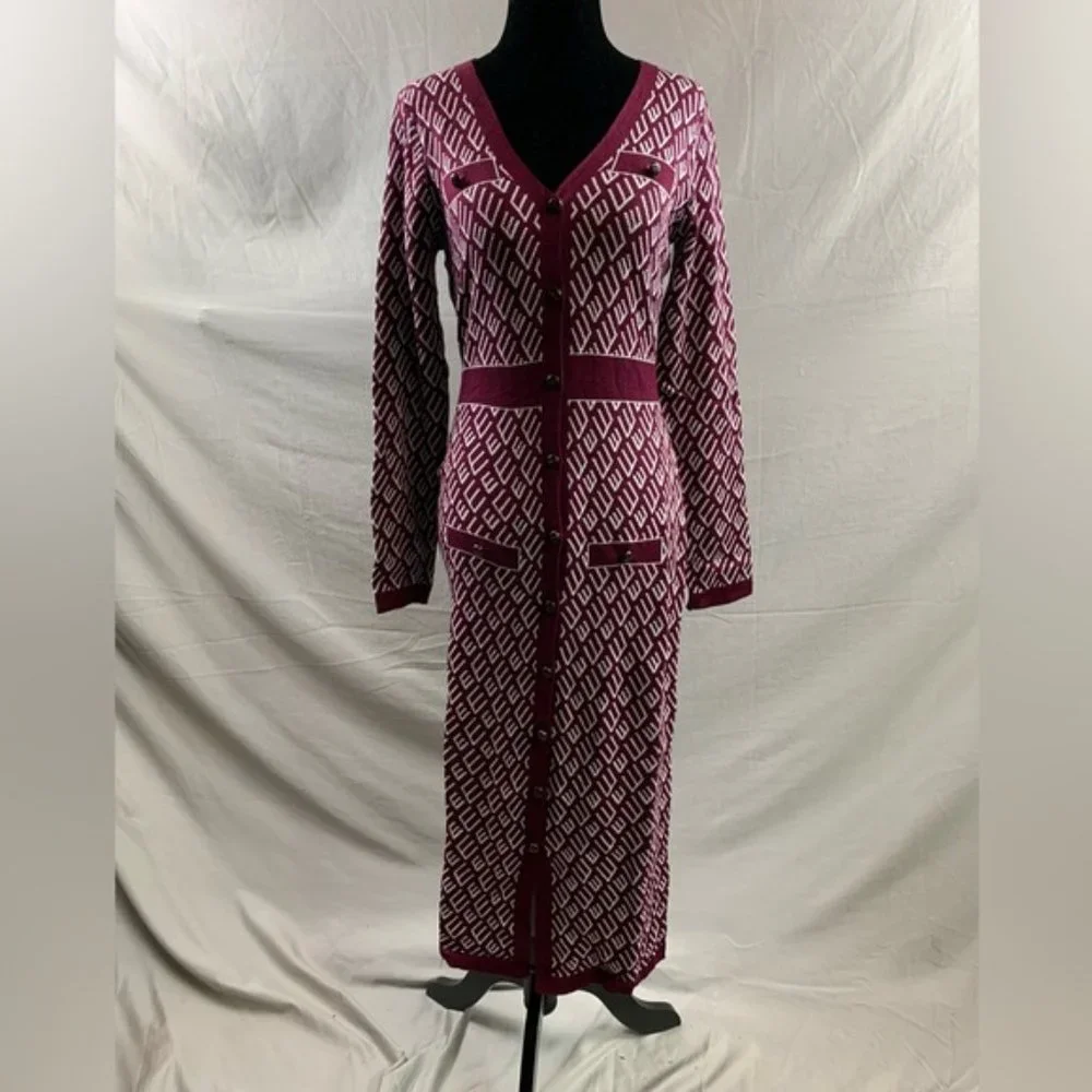 NWT Burgundy Button Front Pattern Sweater Dress - Picture 1 of 5